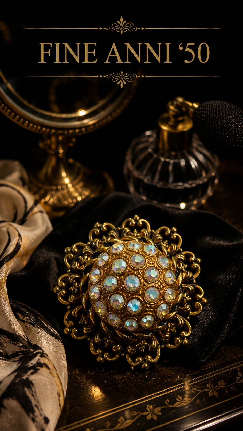 Splendido gioiello clip ferma foulard dorato con cupola tempestata di cristalli Aurora Borealis