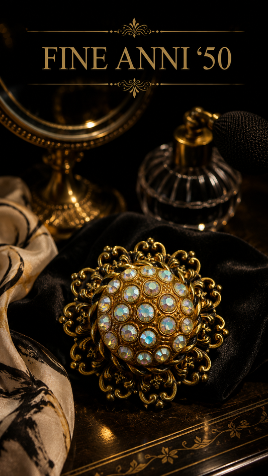 Splendido gioiello clip ferma foulard dorato con cupola tempestata di cristalli Aurora Borealis