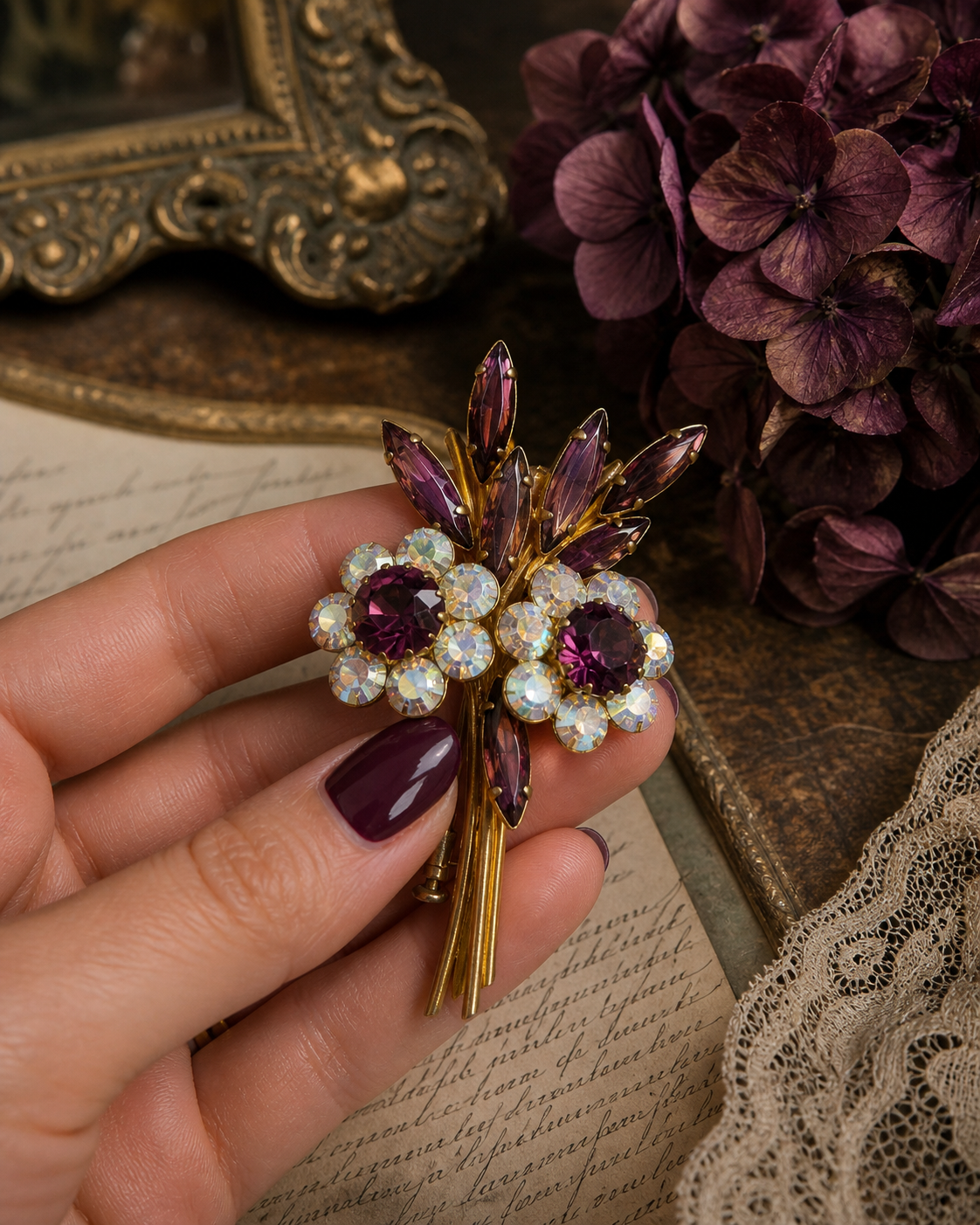 Spilla a bouquet floreale belga con Aurora Borealis in confezione originale d’epoca