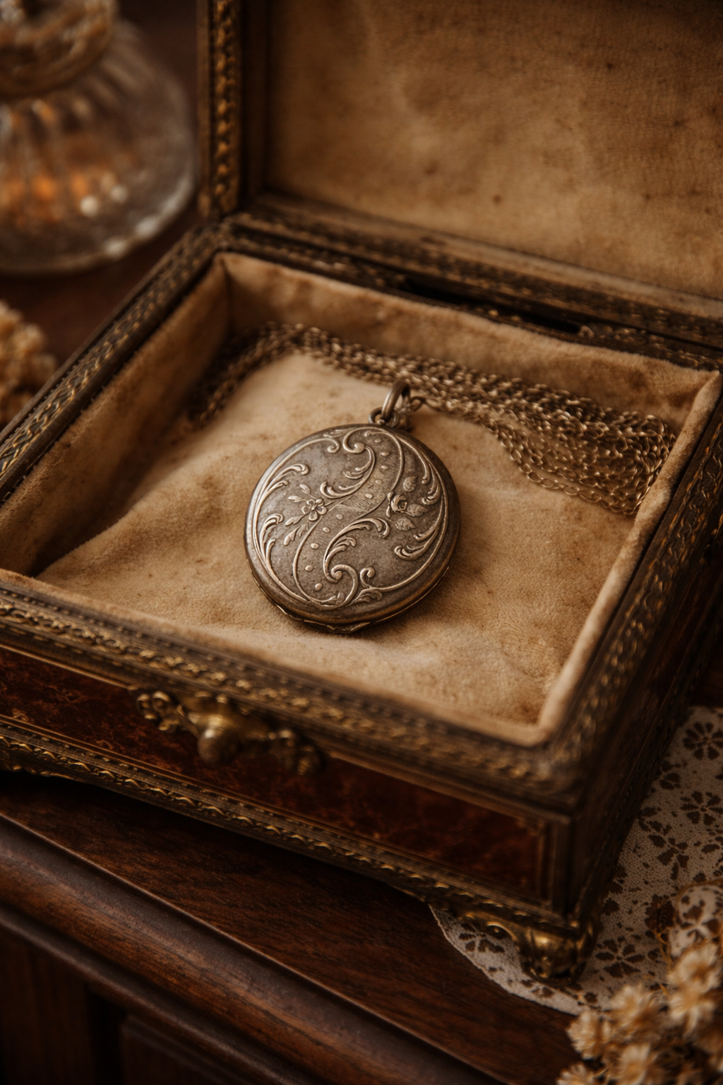 Gioiello pendente locket in argento francese, bifacciale, Art Nouveau con due fotografie d’epoca
