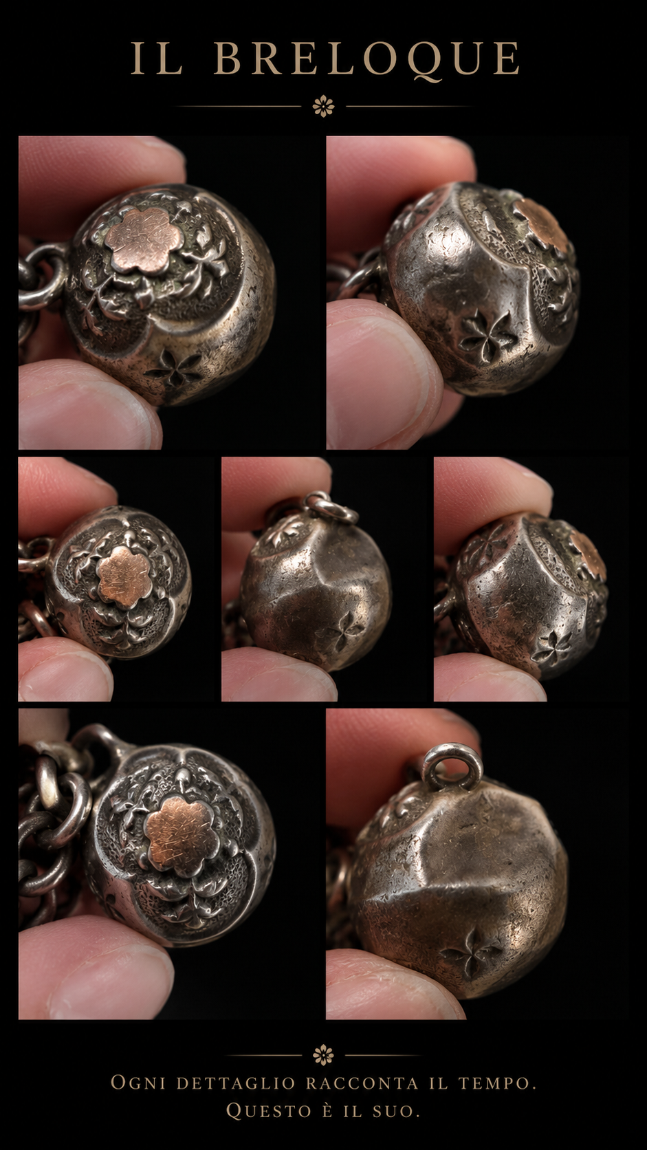 Antica catena da panciotto in argento massiccio con inserti dorati a stella e breloque, fine ‘800