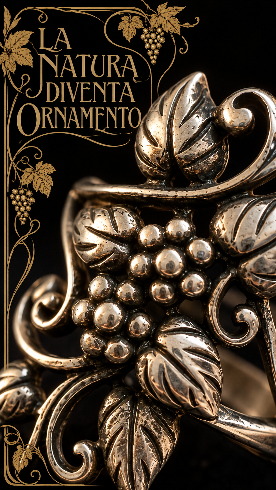 Anello porta fortuna in argento 925 art Nouveau revival tralcio di vite