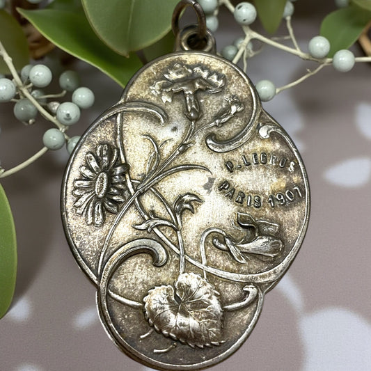 Pendentif miroir art Nouveau argento, pendente gioiello apribile firmato P. Legros 1901
