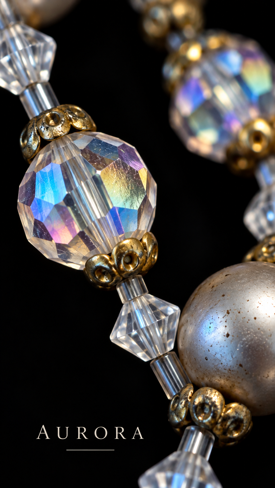 Collana gioiello a due fili con alternanza di perle e elementi in vetro sfaccettato Aurora Borealis
