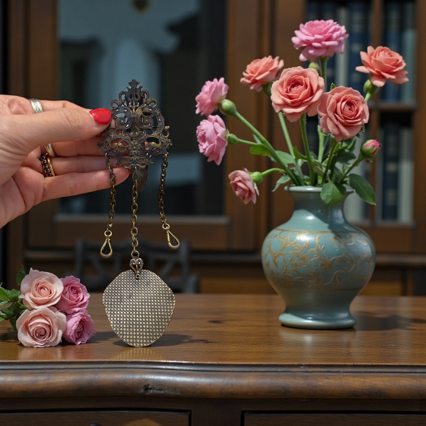 Chatelaine anni ‘20 ca con 3 catene, alla centrale fissato un carnet de bal