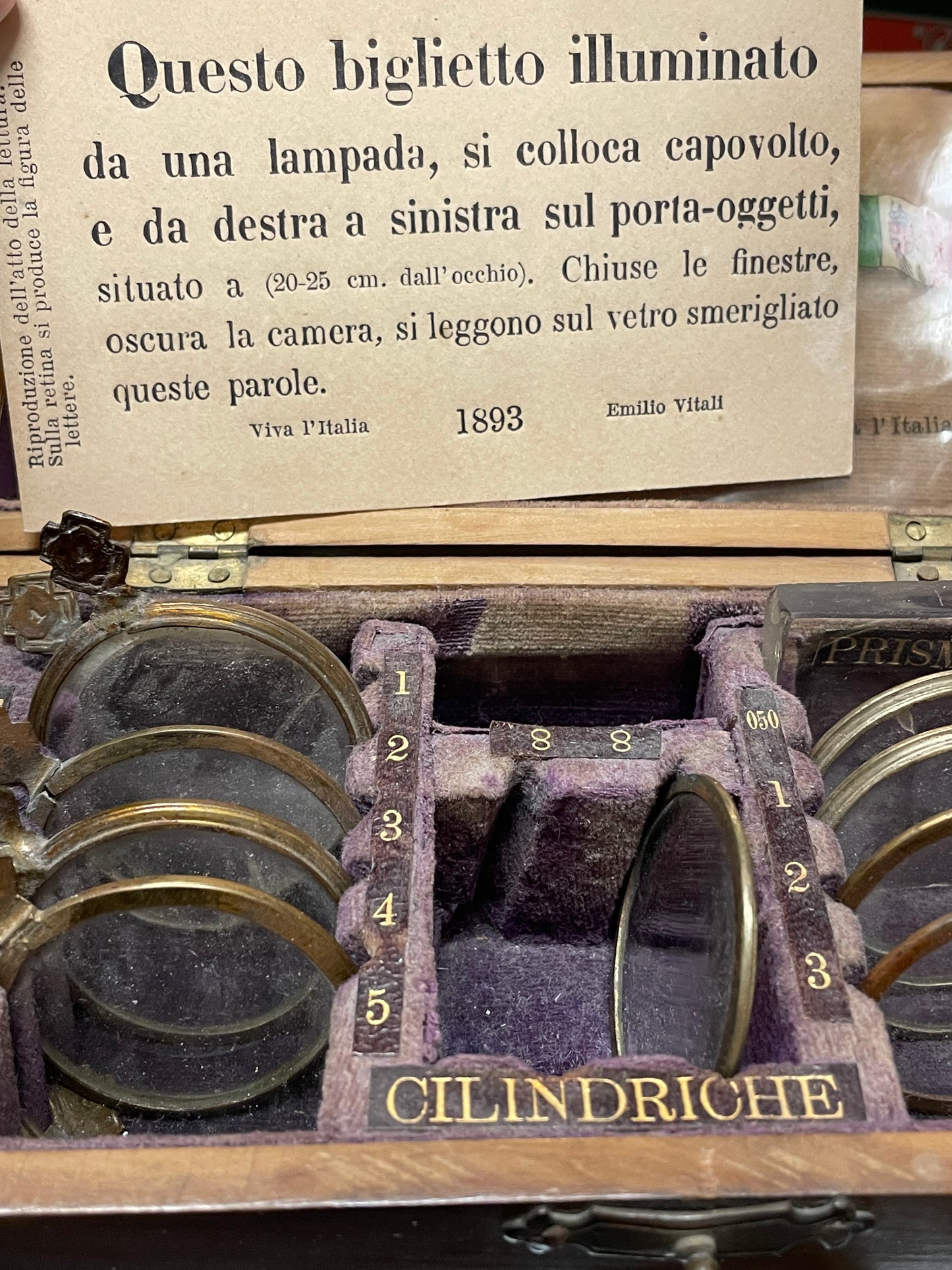 Antico set da ottico optometrista, lenti in cofanetto 1893