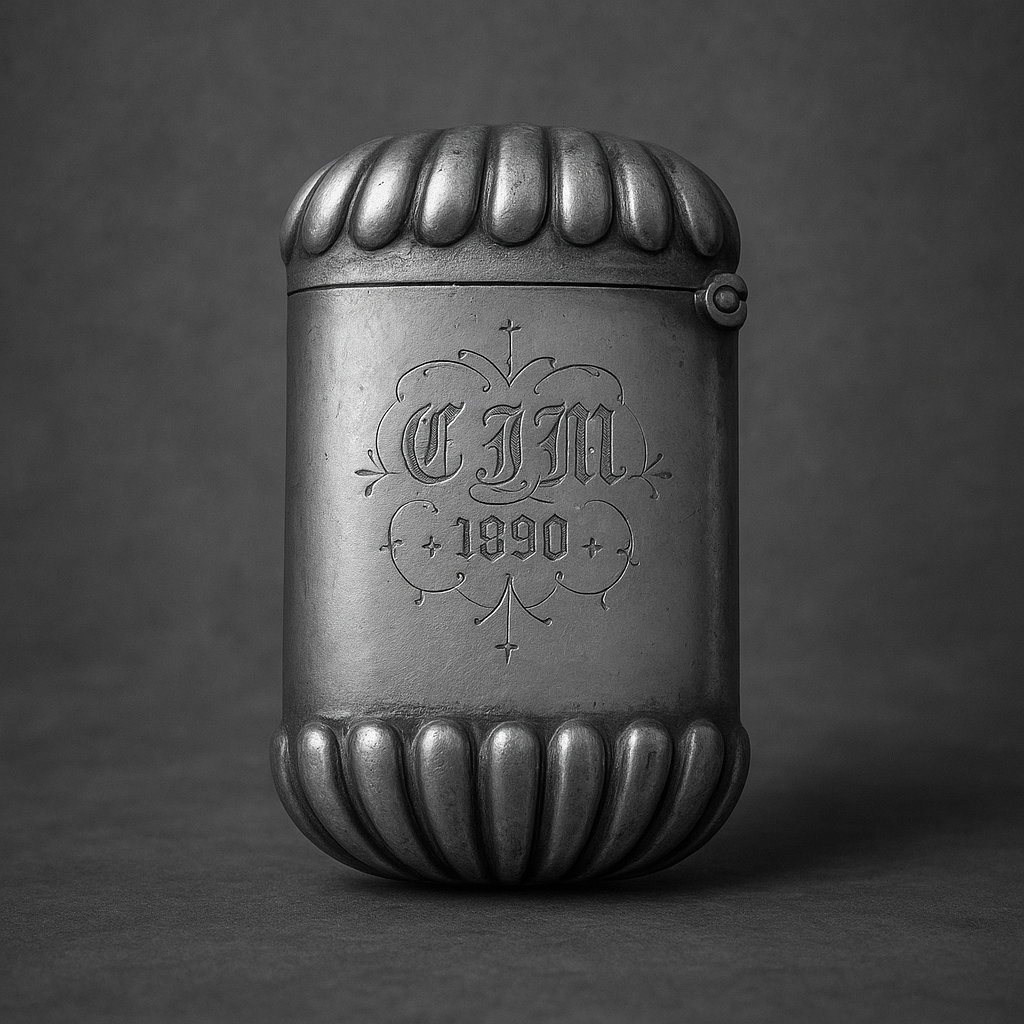 Antico Vesta case in argento inglese, vittoriano, inciso con monogramma CJM e data 1890