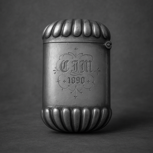 Antico Vesta case in argento inglese, vittoriano, inciso con monogramma CJM e data 1890