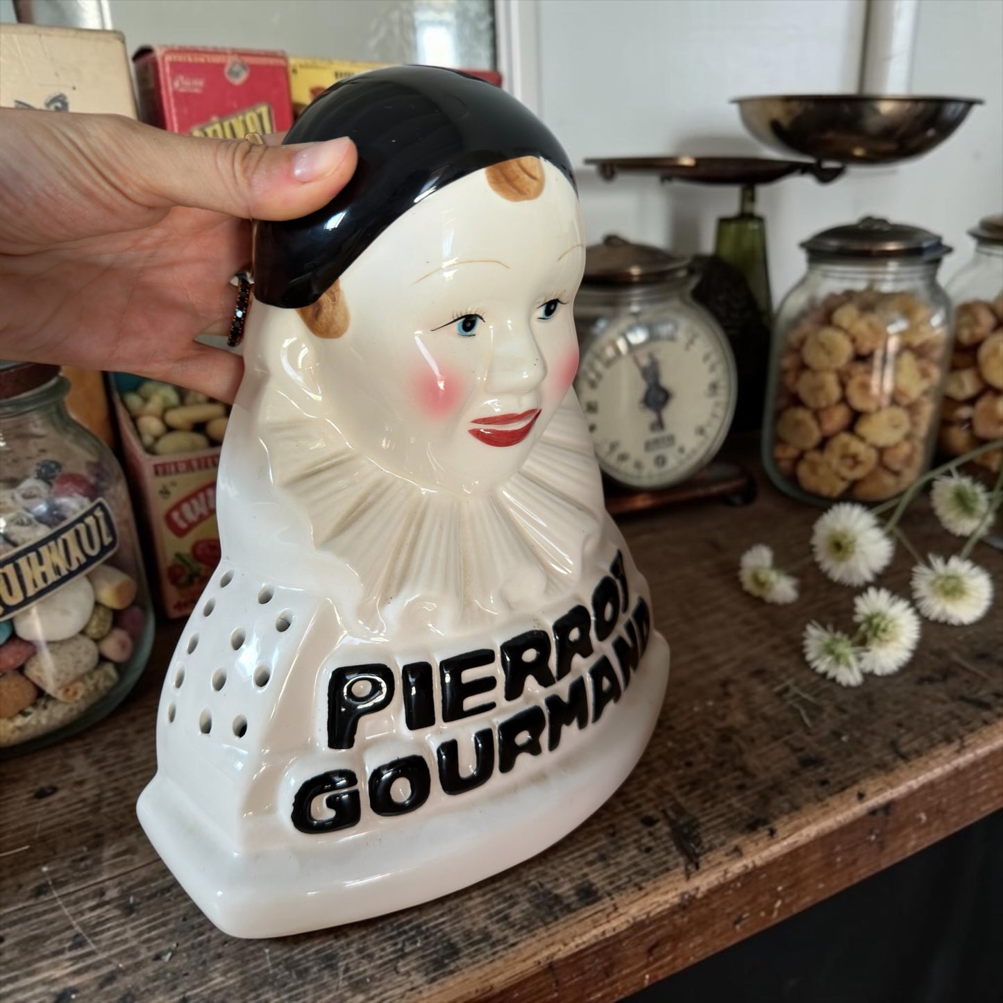Espositore per lecca-lecca vintage Pierrot Gourmand ceramica