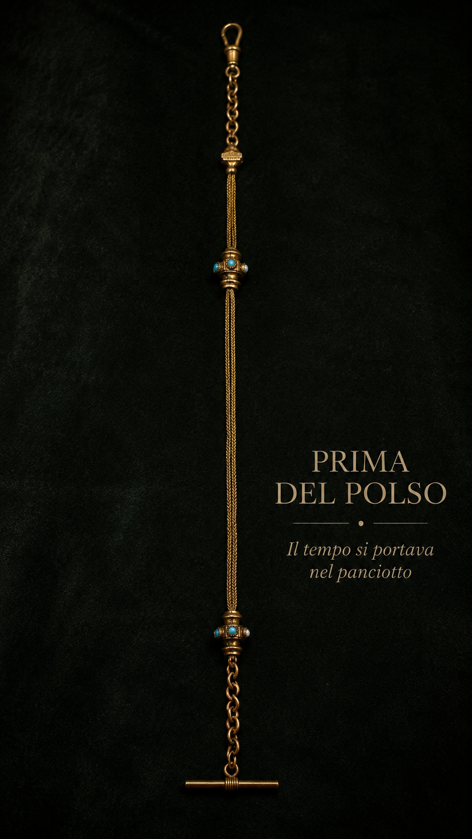 Albert chain da panciotto con moschettone e t-bar provvista di elementi decoratici, placcata oro