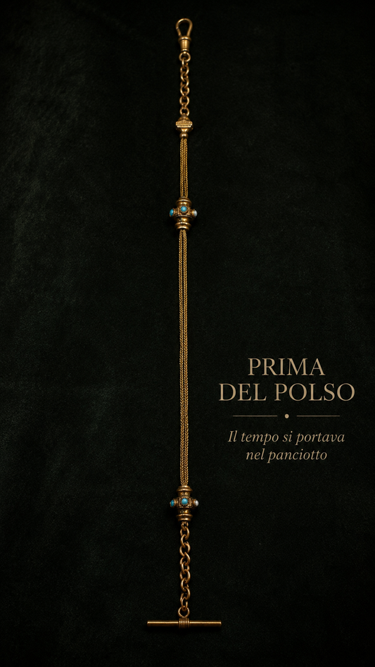 Albert chain da panciotto con moschettone e t-bar provvista di elementi decoratici, placcata oro