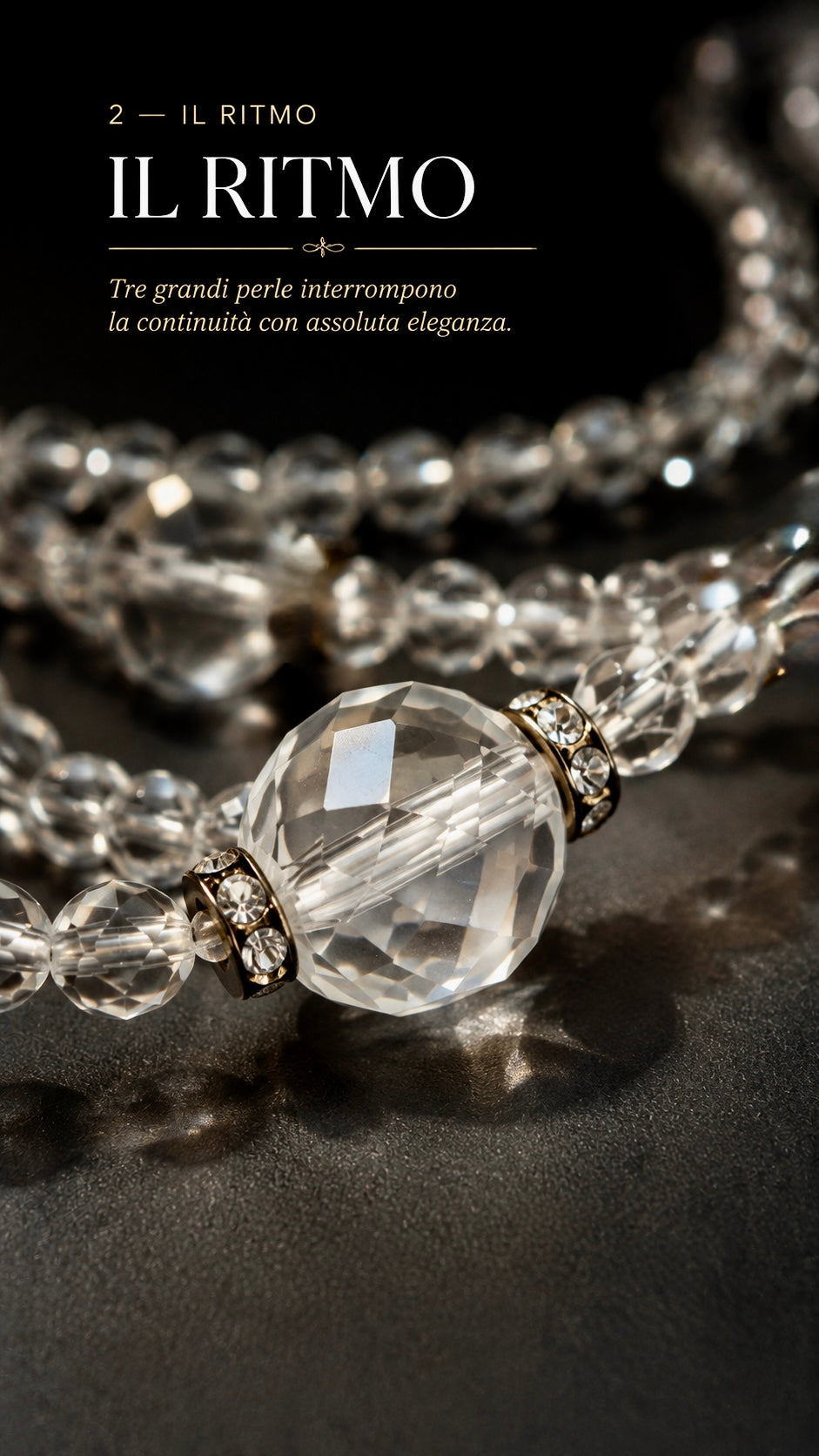 Collana sautoir multi filo con perle in vetro sfaccettato trasparente, fine ‘50s