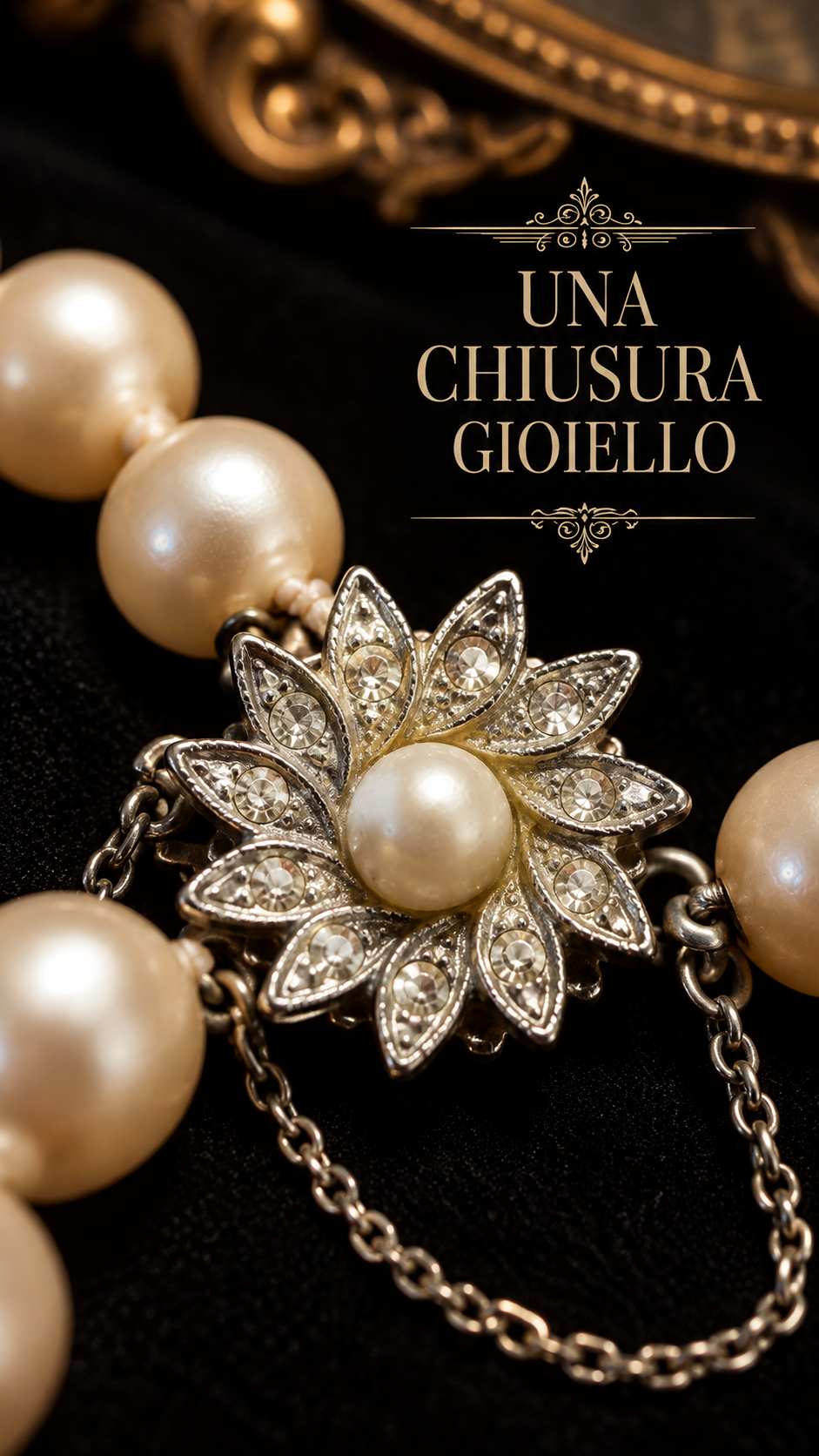 Collana vintage perle di vetro con chiusura gioiello e fiore, cristalli e catenella di sicurezza