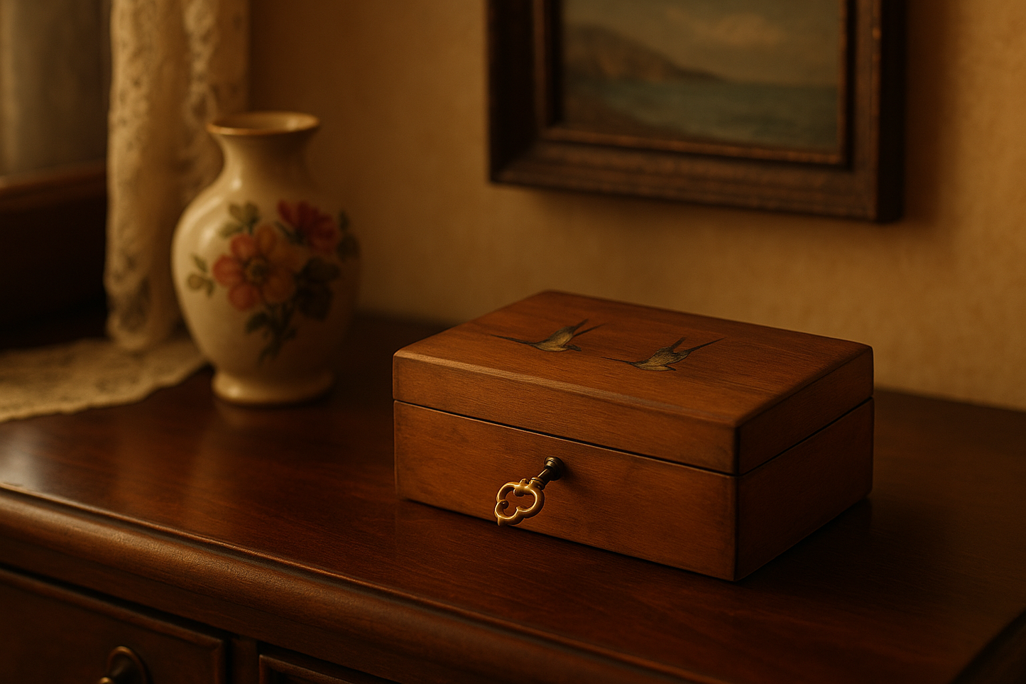 Cofanetto scatola portagioie di Sorrento con rondini, serratura e chiave