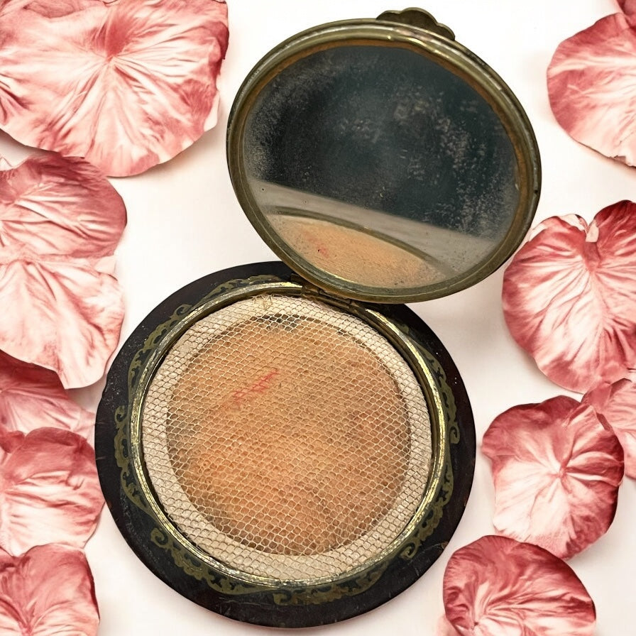 Porta cipria, anni 30, da borsetta con fantasia floreale