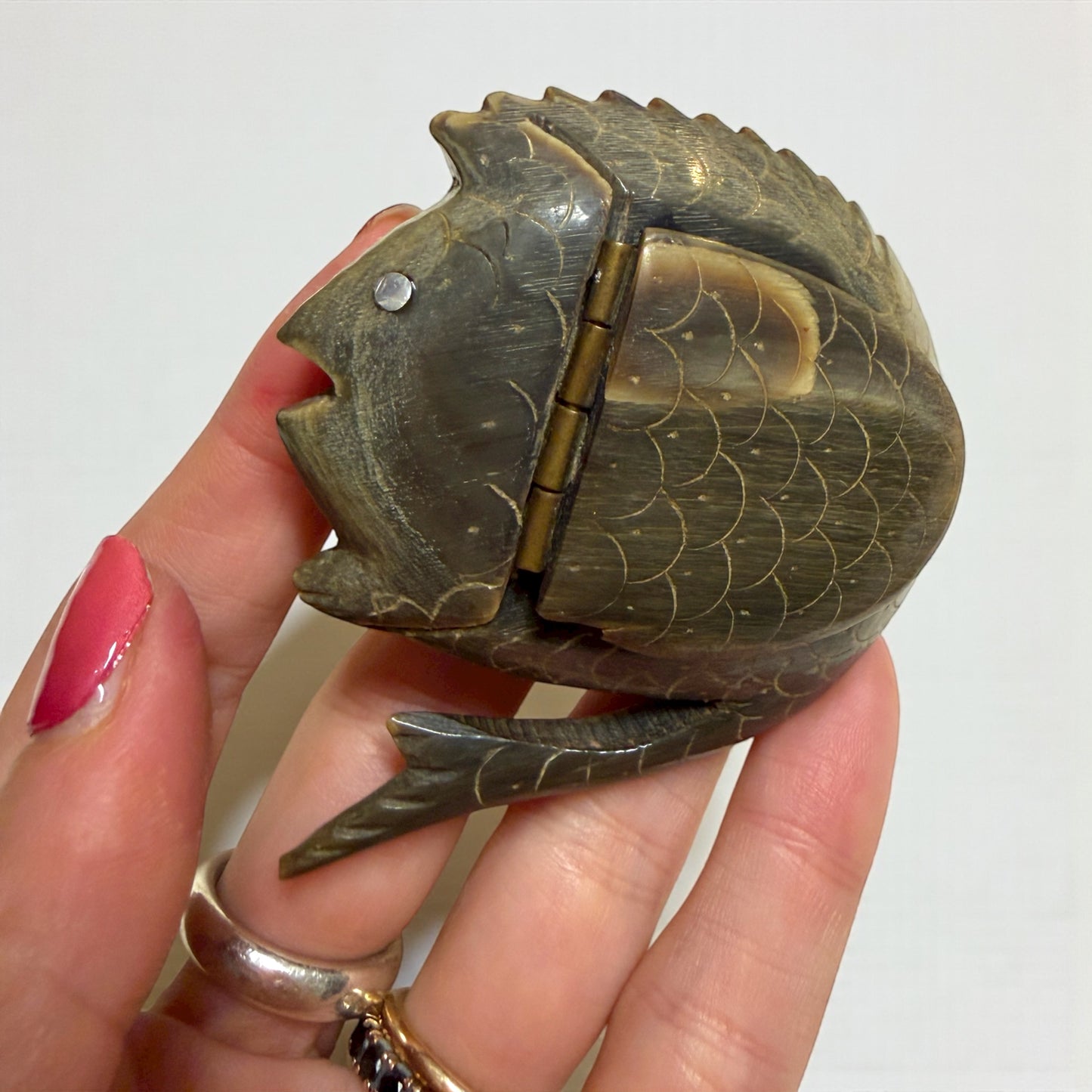 Antica tabacchiera corno zoomorfo a guisa di pesce ￼