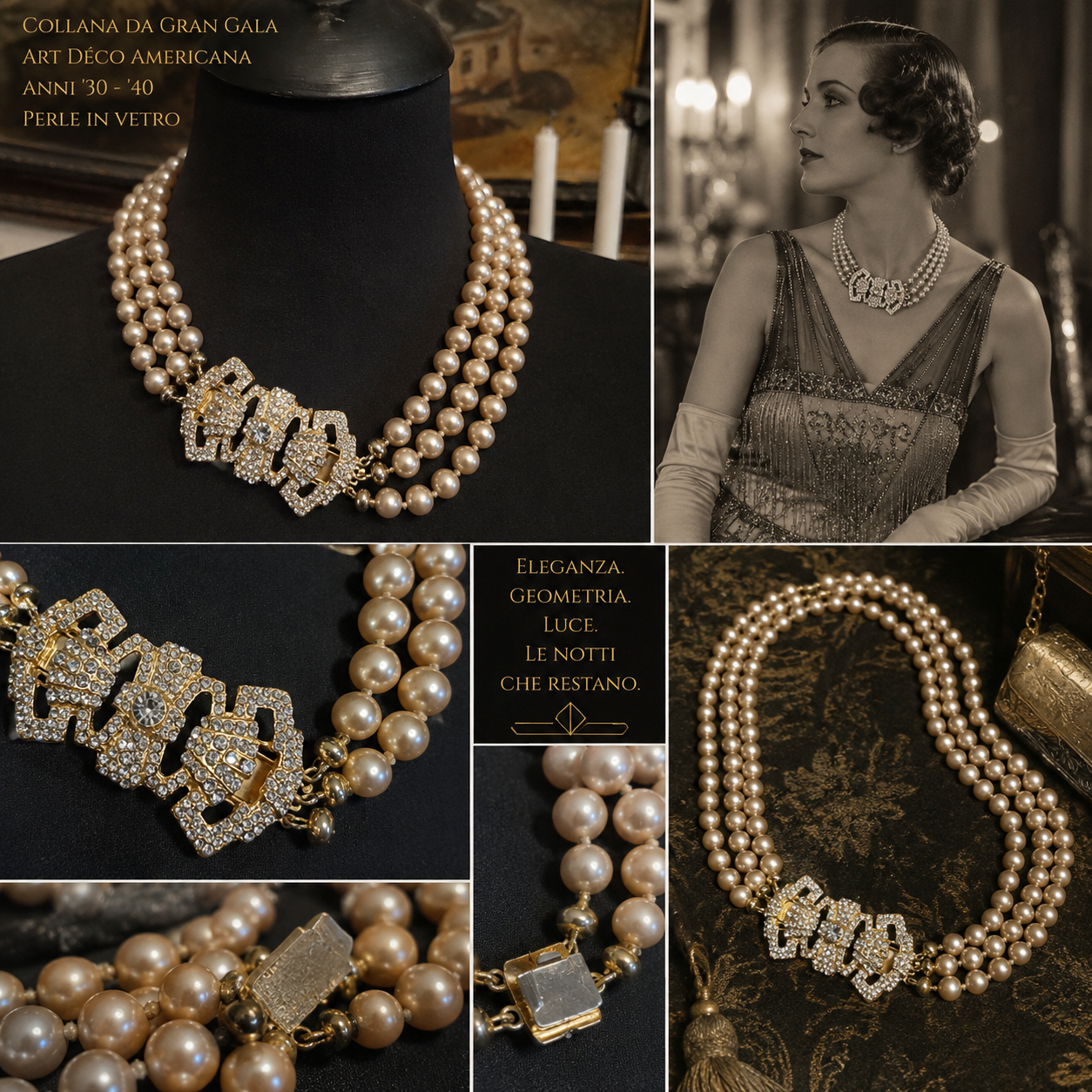 Collana di perle a 3 fili art déco americana con grande chiusura gioiello bagno oro e cristalli taglio diamante