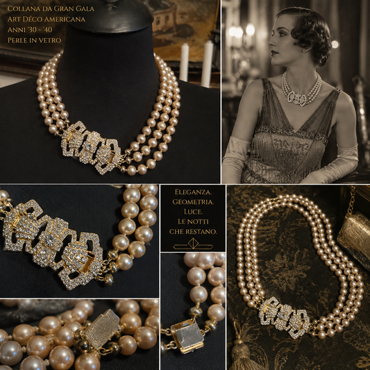 Collana di perle a 3 fili art déco americana con grande chiusura gioiello bagno oro e cristalli taglio diamante
