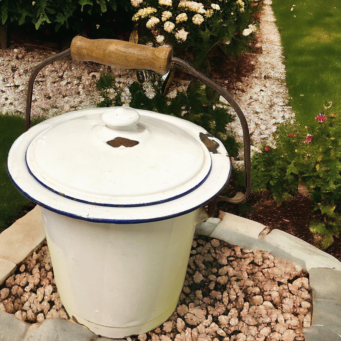 Antique enamel bucket with lid