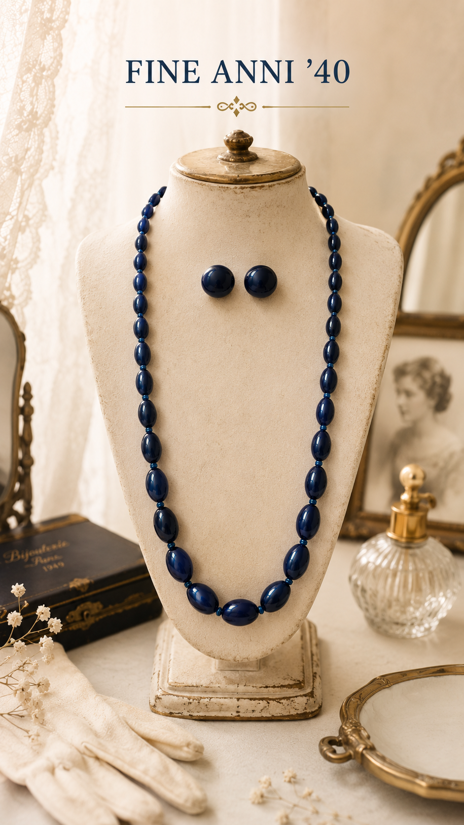 Splendida parure di fine anni ‘40 primi ‘50 in vetro pressato blu notte, collana in perle degradé ovalizzate e orecchini clip