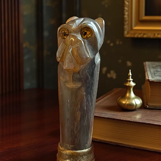 Scultura cane bulldog in corno, manico vittoriano da ombrellino