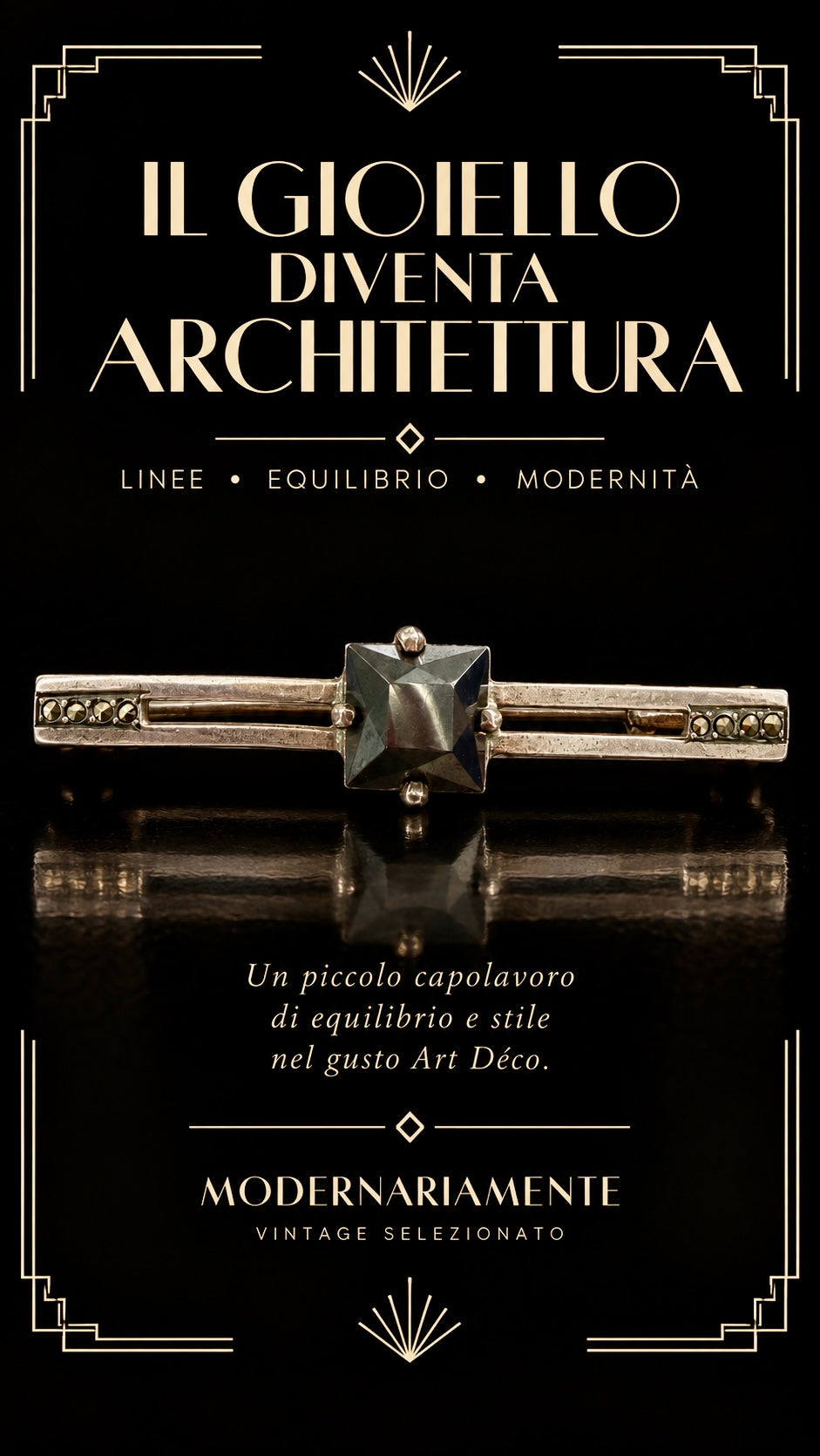 Gioiello art déco spilla in argento punzonato con ematite sfaccettata e marcasiti, anni ‘20-‘30