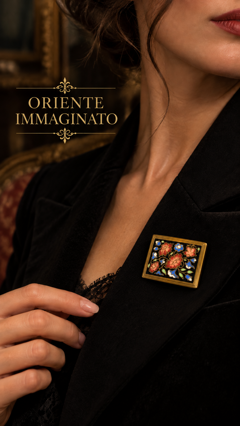 Antica spilla rettangolare cloisonné Giardino d’Oriente anni ‘40