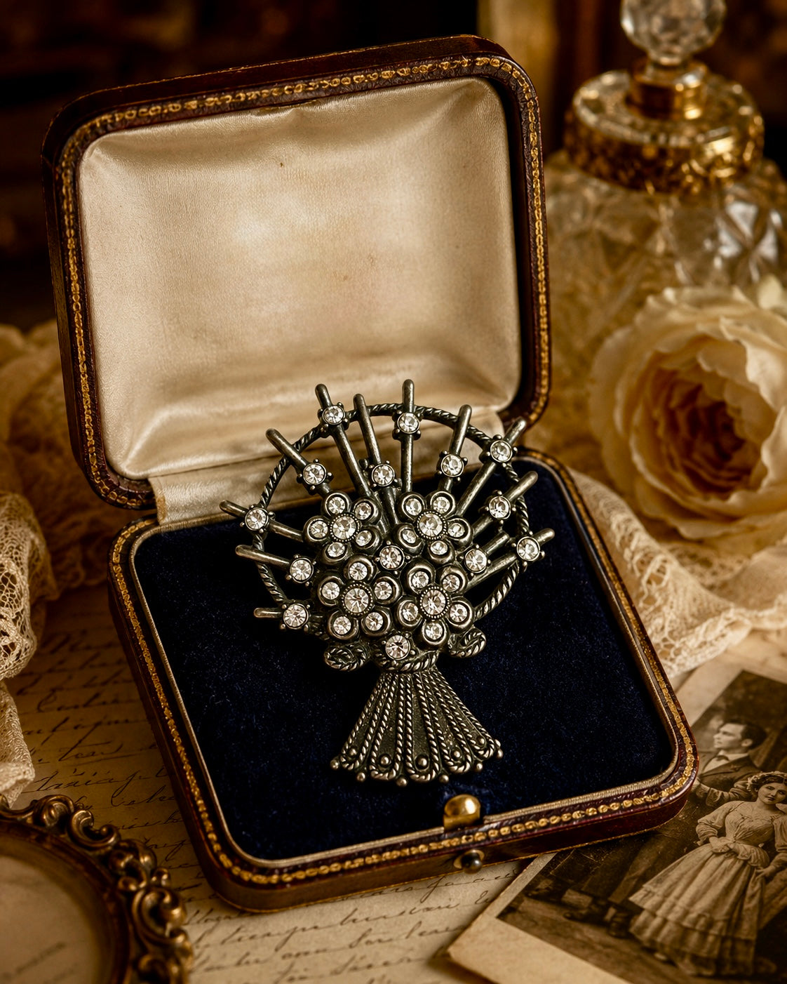 Spilla mid century con bouquet di strass, placcata argento, anni ‘50