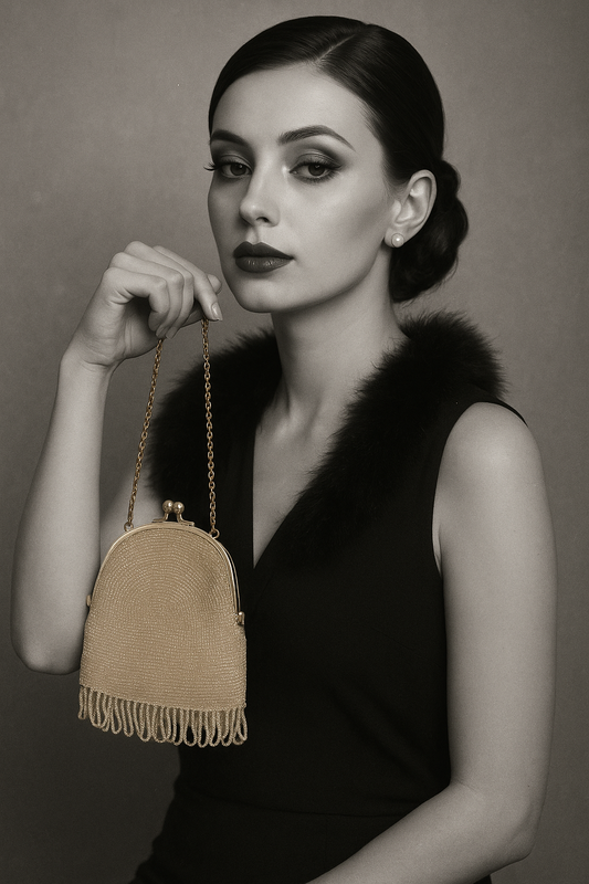 Borsetta da sera in perline e frange, anni ‘70, richiamo anni ‘20.