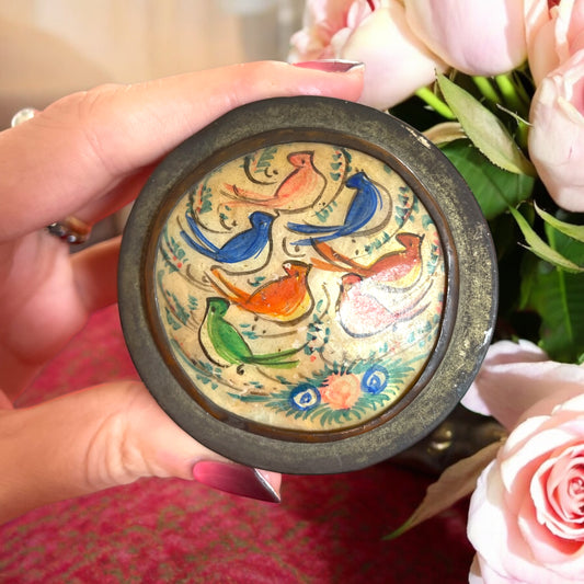 Tabacchiera da fiuto persiana con specchio e coperchio in madreperla dipinta, fine ‘800.