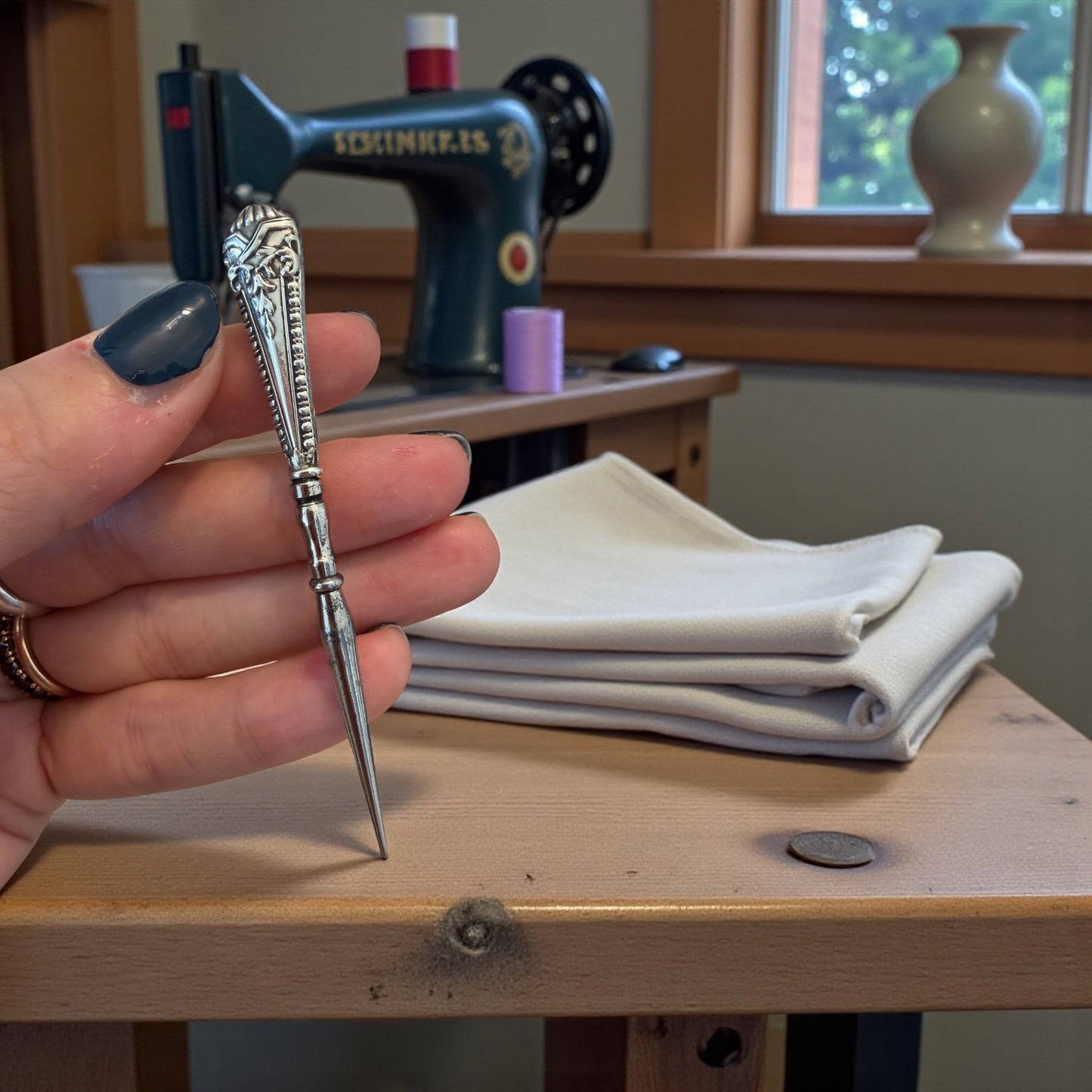 Punteruolo da ricamo e cucito con manico in argento, fine ‘800, punzonato francese