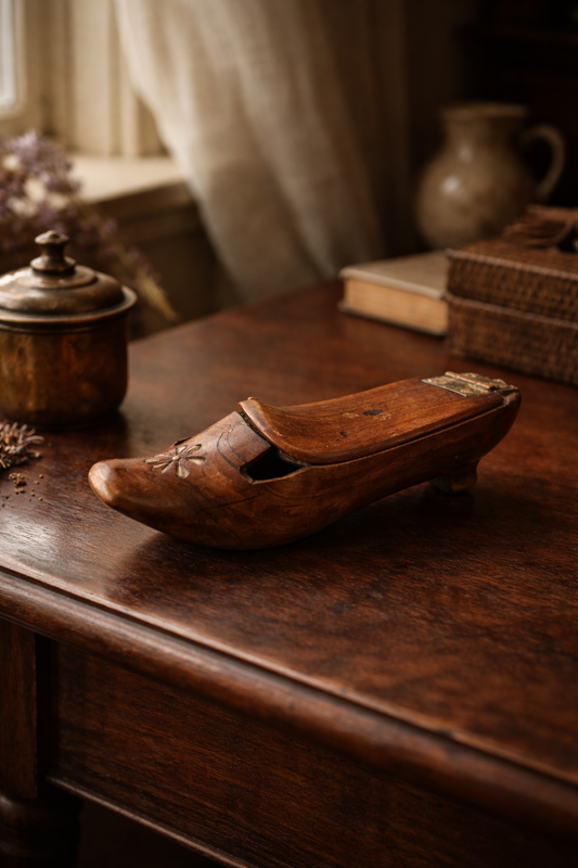 Antica tabacchiera da appoggio ottocentesca a guisa di klompt, zoccolo olandese