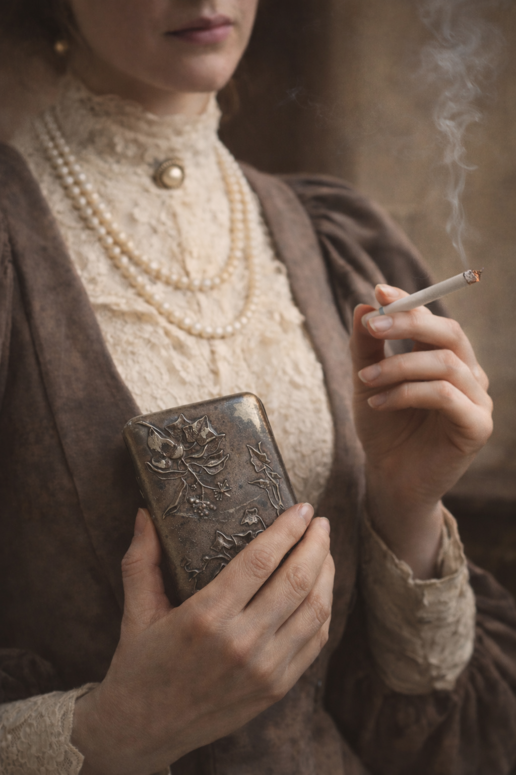 Antico portasigarette Art Nouveau a motivo d’edera con elastici originali d’epoca, fine ‘800 - primo ‘900