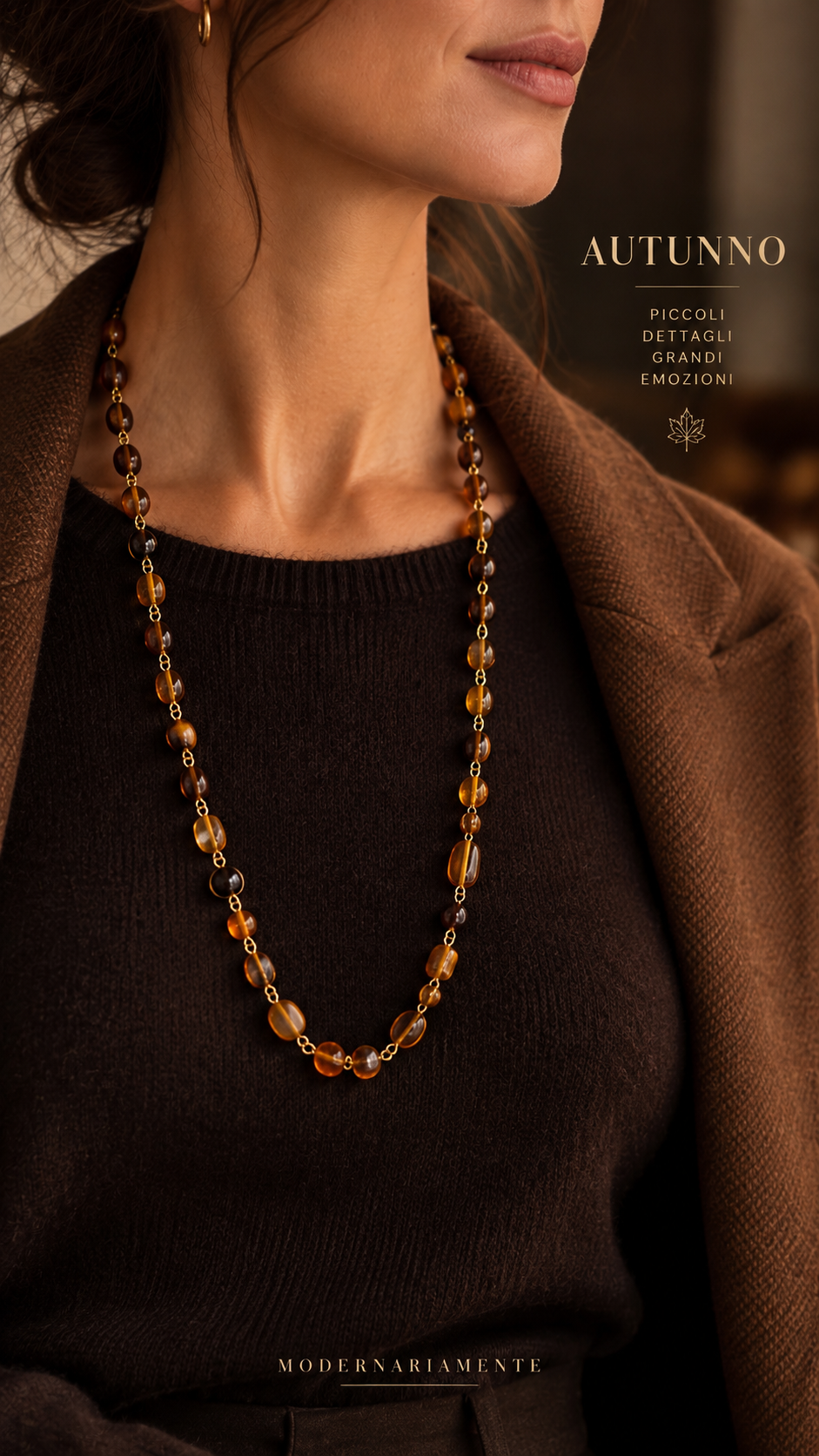 Collana 90 cm palette d’autunno con elementi in vetro ambrato