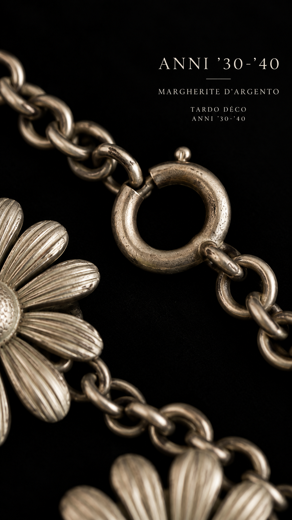 Antica collana tardo déco anni ‘30 con grandi margherite in metallo argentato
