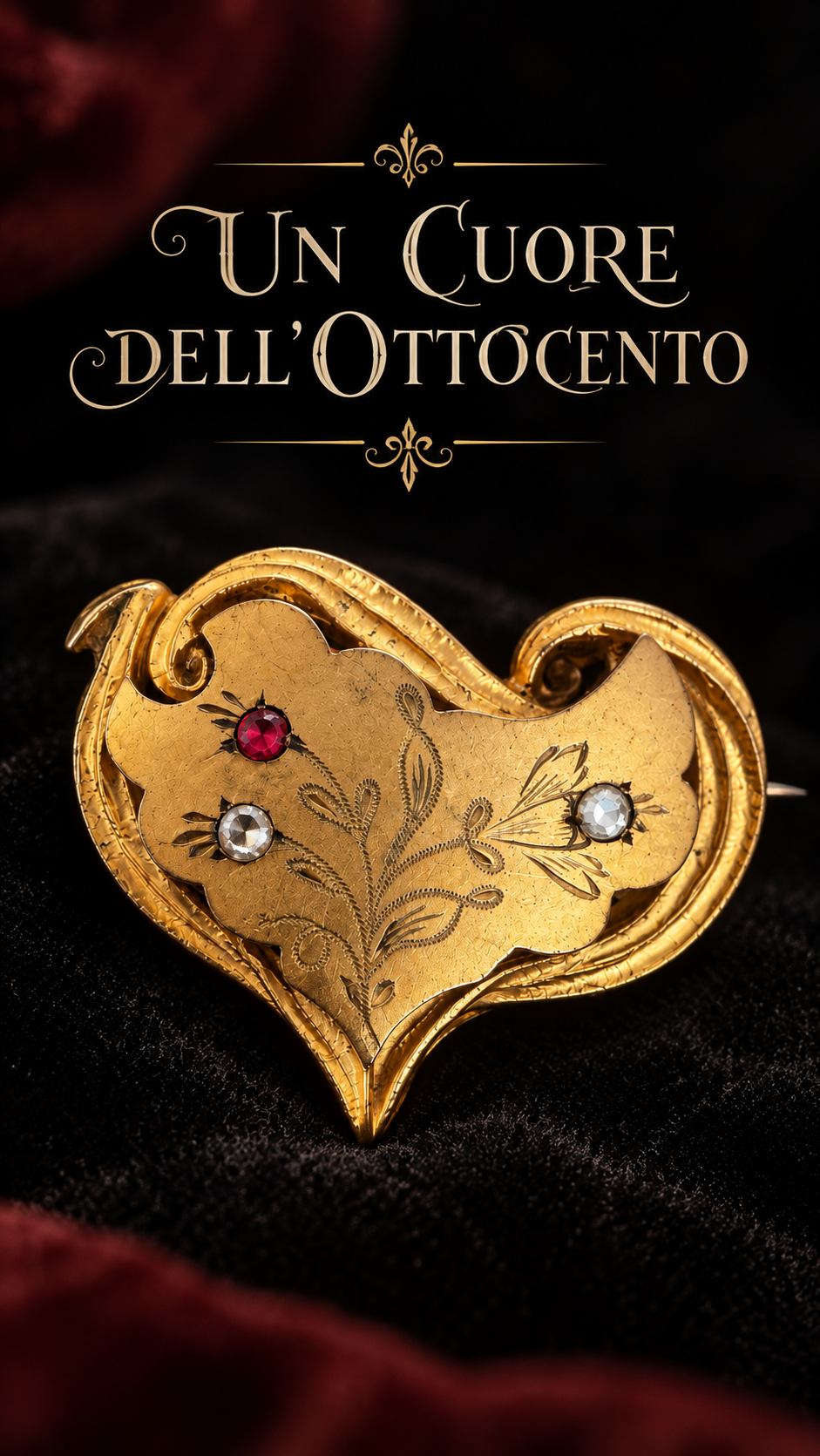 Antica spilla sentimentale fine ‘800 placcata con incisione floreale e cornice a cuore