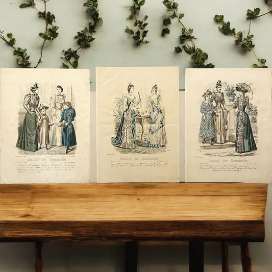 Three antique millinery prints 1800