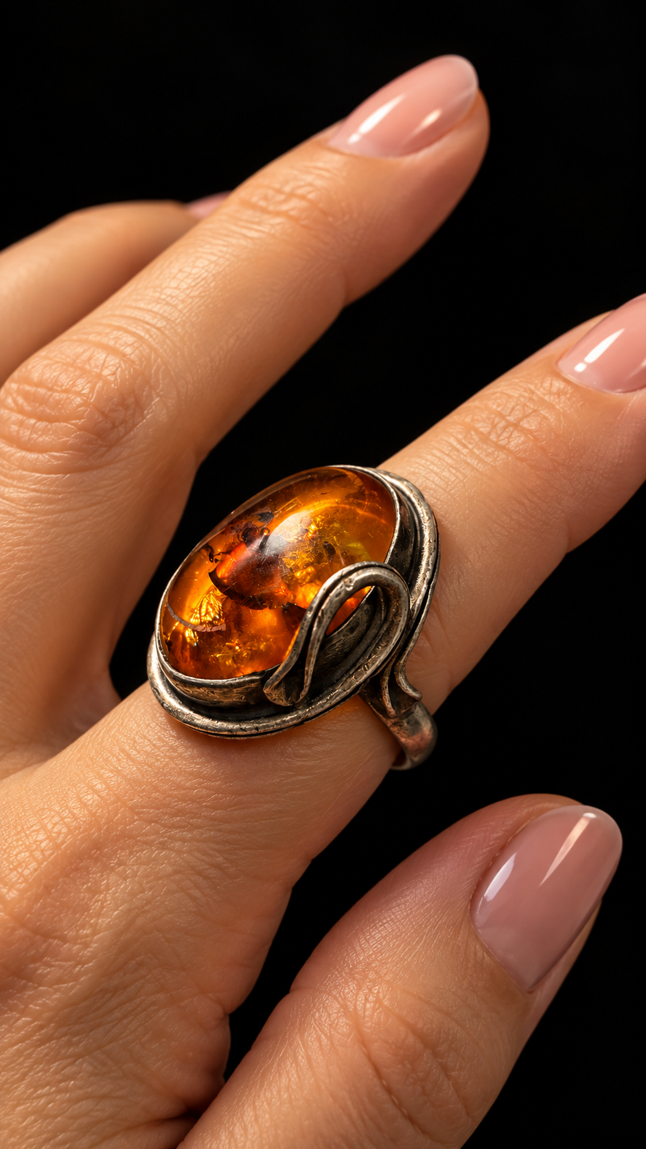Anello in argento 925 con grande cabochon ambra liberty revival
