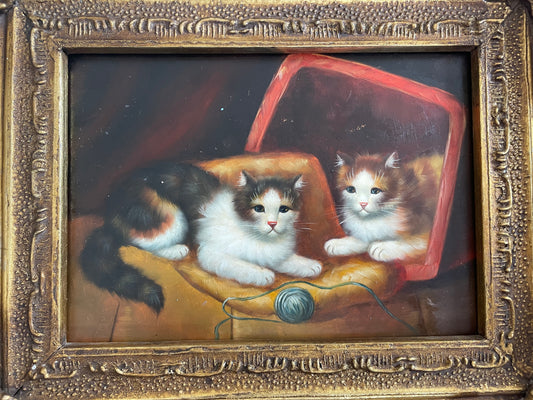 Dipinto inglese con gattini olio su tavoletta, anni ‘40 cornice coeva