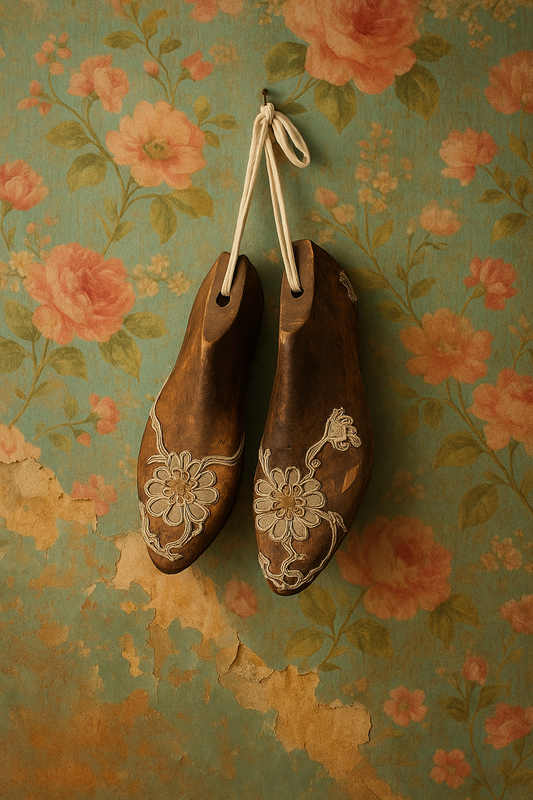 Antiche forme per scarpe femminili con pizzo e passamanerie