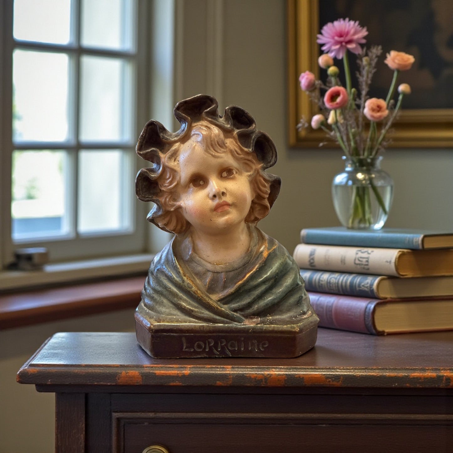 Antico busto in gesso dipinto, fine ‘800, firmato, personificazione Lorraine