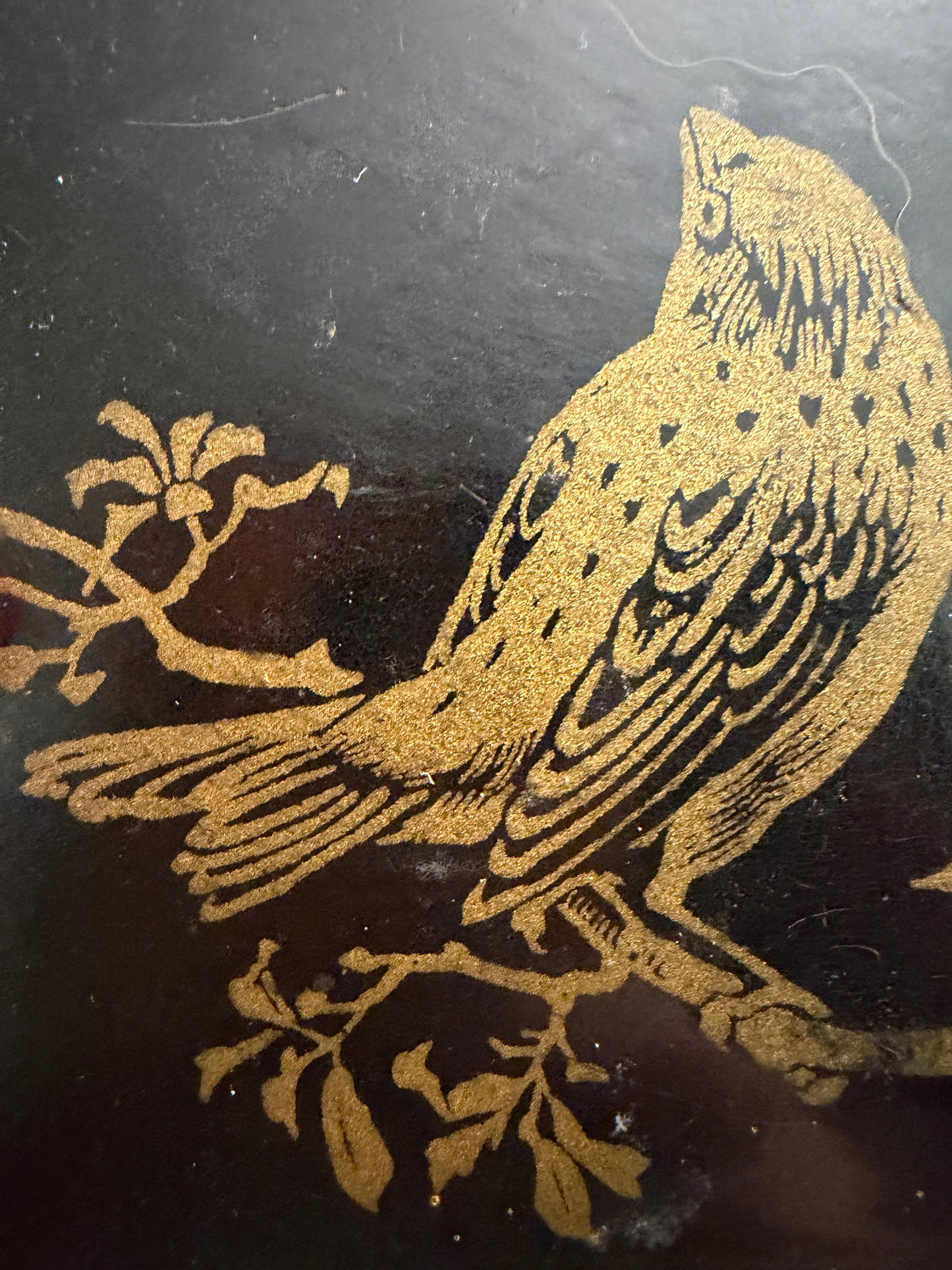 Cofanetto in papier mâché con decorazione usignolo, laccato, anni ‘40-‘50