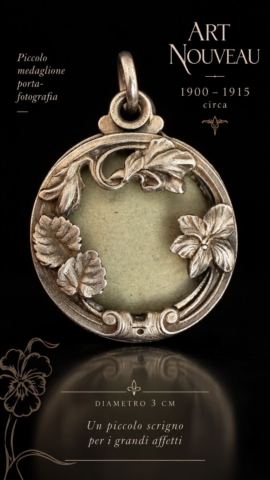 Medaglione art Nouveau a scorrimento con viola del pensiero 1910