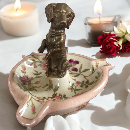 Posaceneri ceramica floreale con cagnolino in bronzo, XX secolo