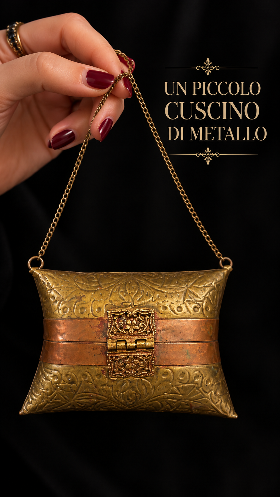 Pillow purse in rame ed ottone con catenella, interno velluto viola / blu, ca metà ‘900