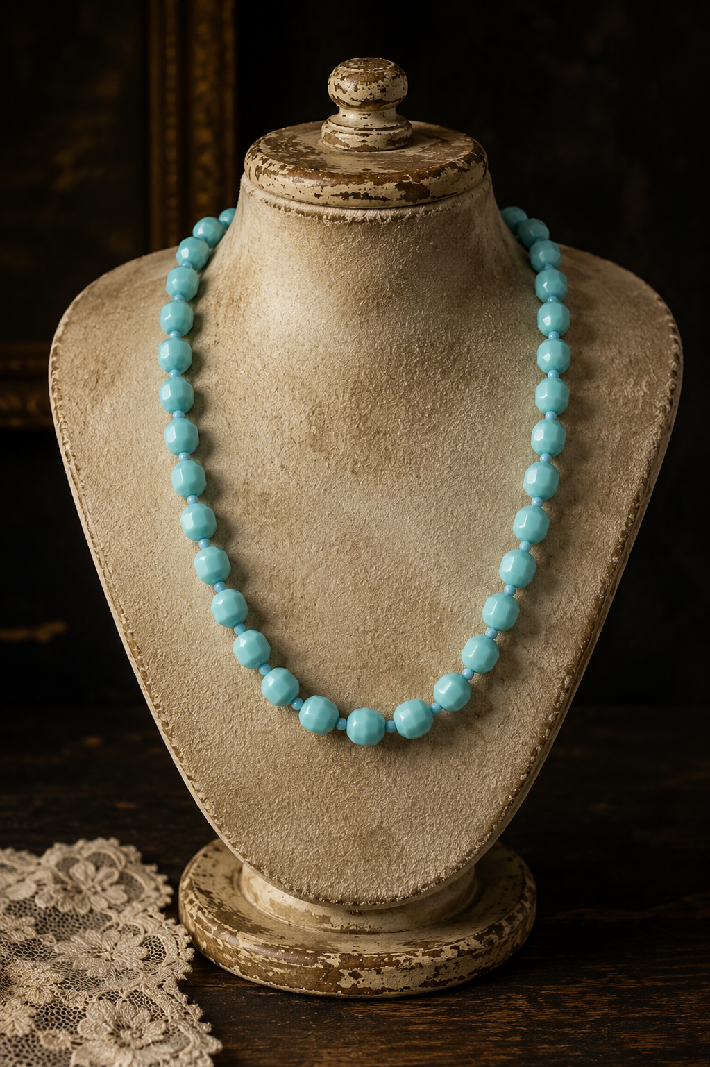 Splendida collana in paste vitree sfaccettate anni ‘50 azzurro cielo con chiusura a barilotto