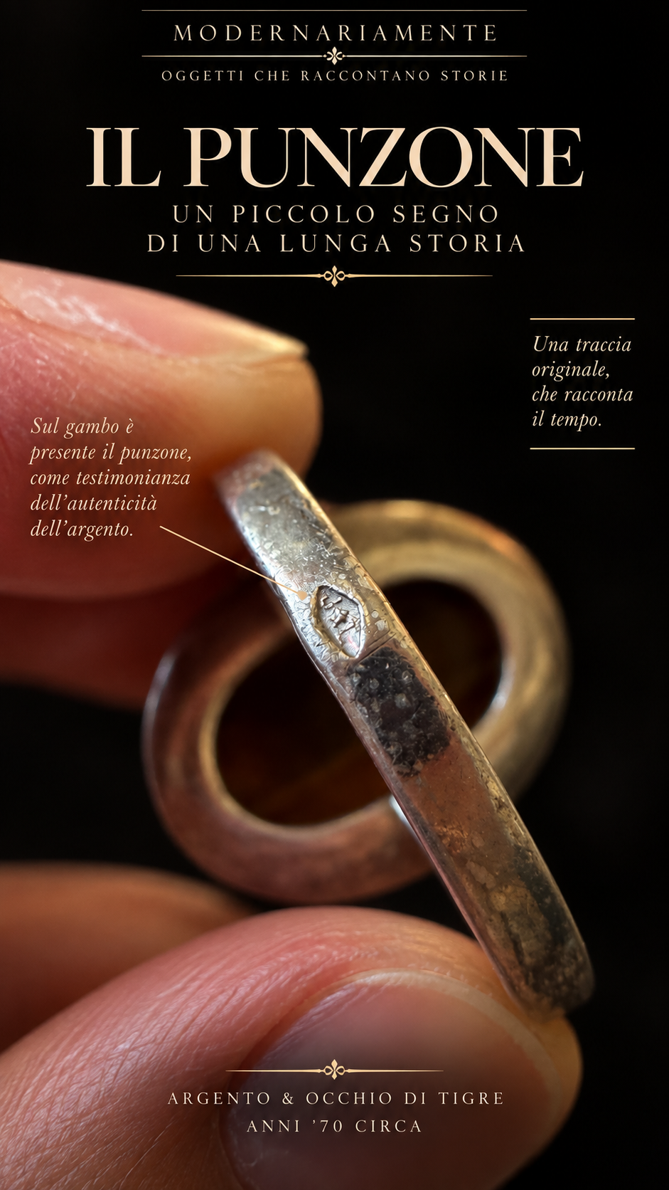 Anello argento con importante cabochon in occhio di tigre 70s e bella chatoyance