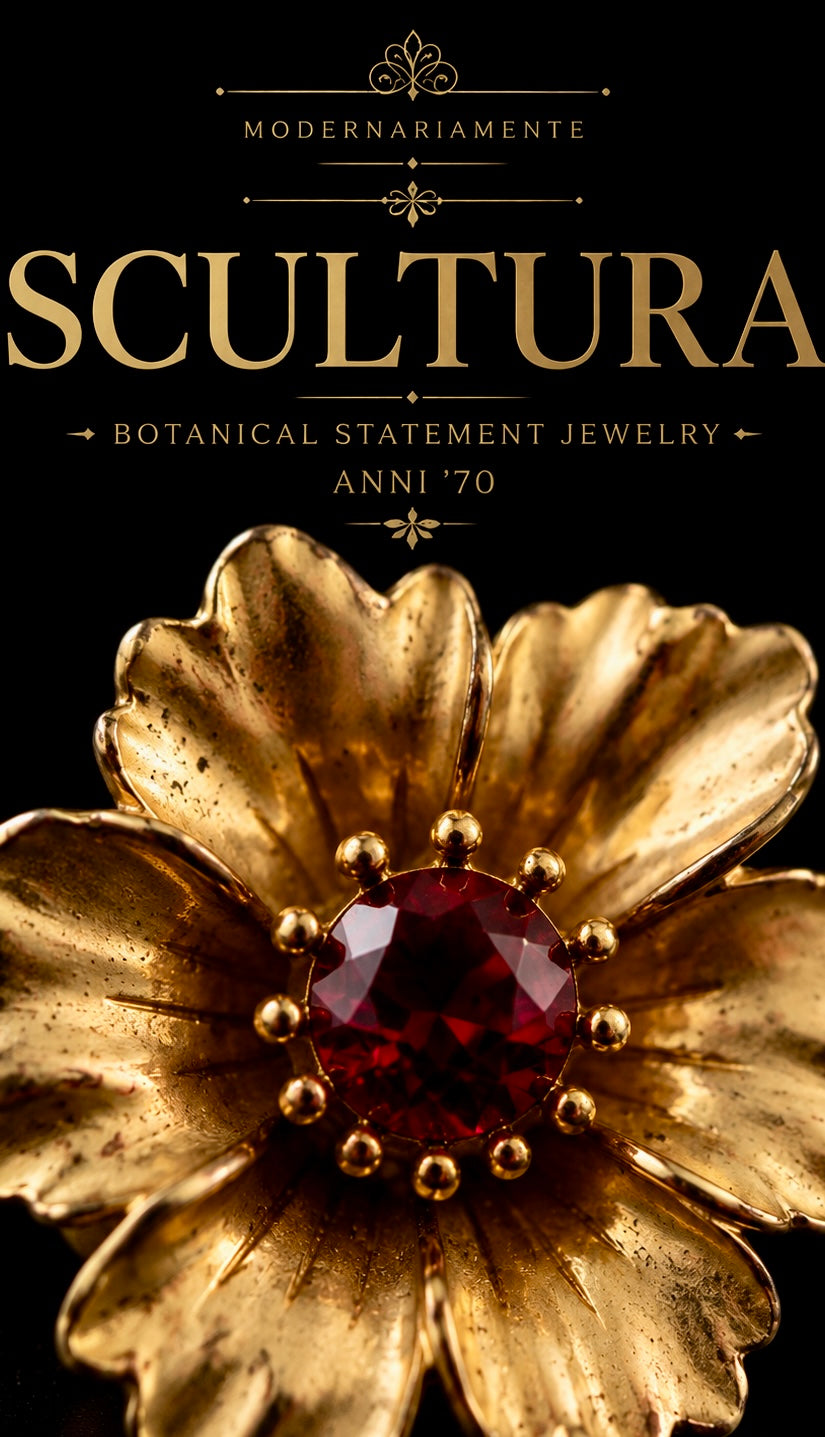 Orecchini botanical statement a guisa di fiore sbocciato a cinque petali con cristallo rubino