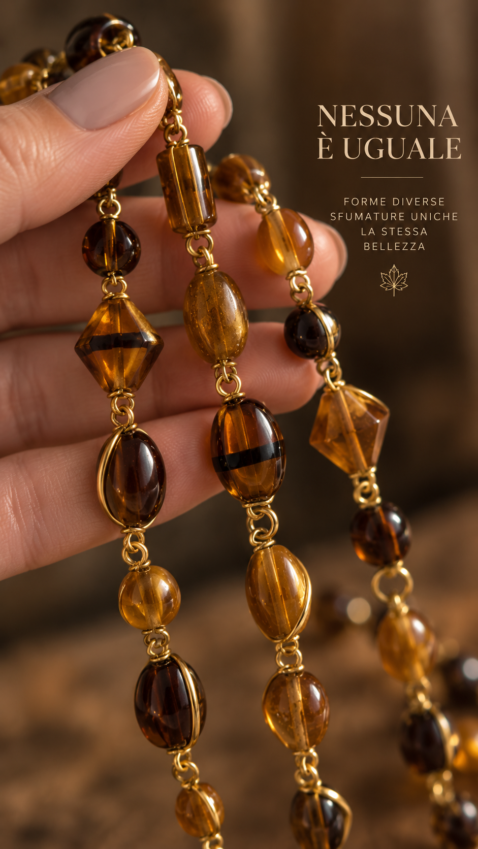 Collana 90 cm palette d’autunno con elementi in vetro ambrato