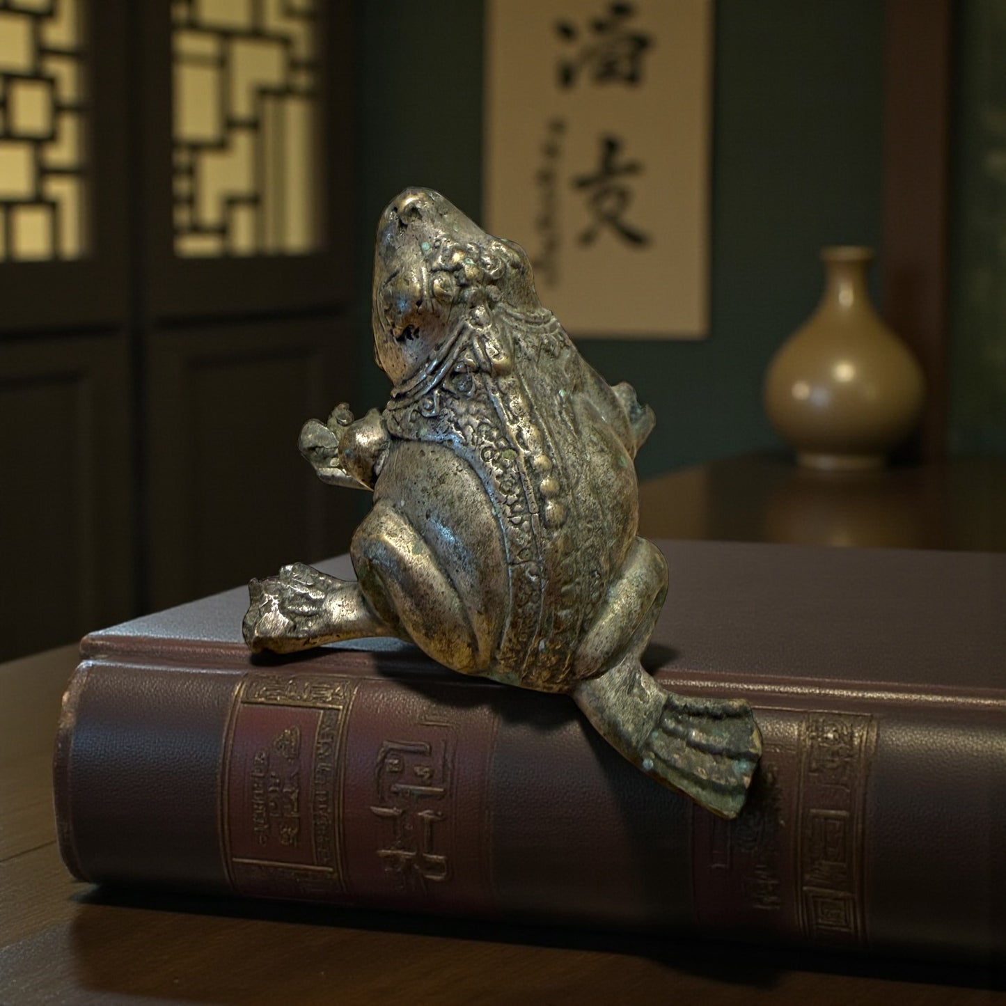 Scultura in lega piena a guisa di ranocchio, 85g, prov. oriente, vintage